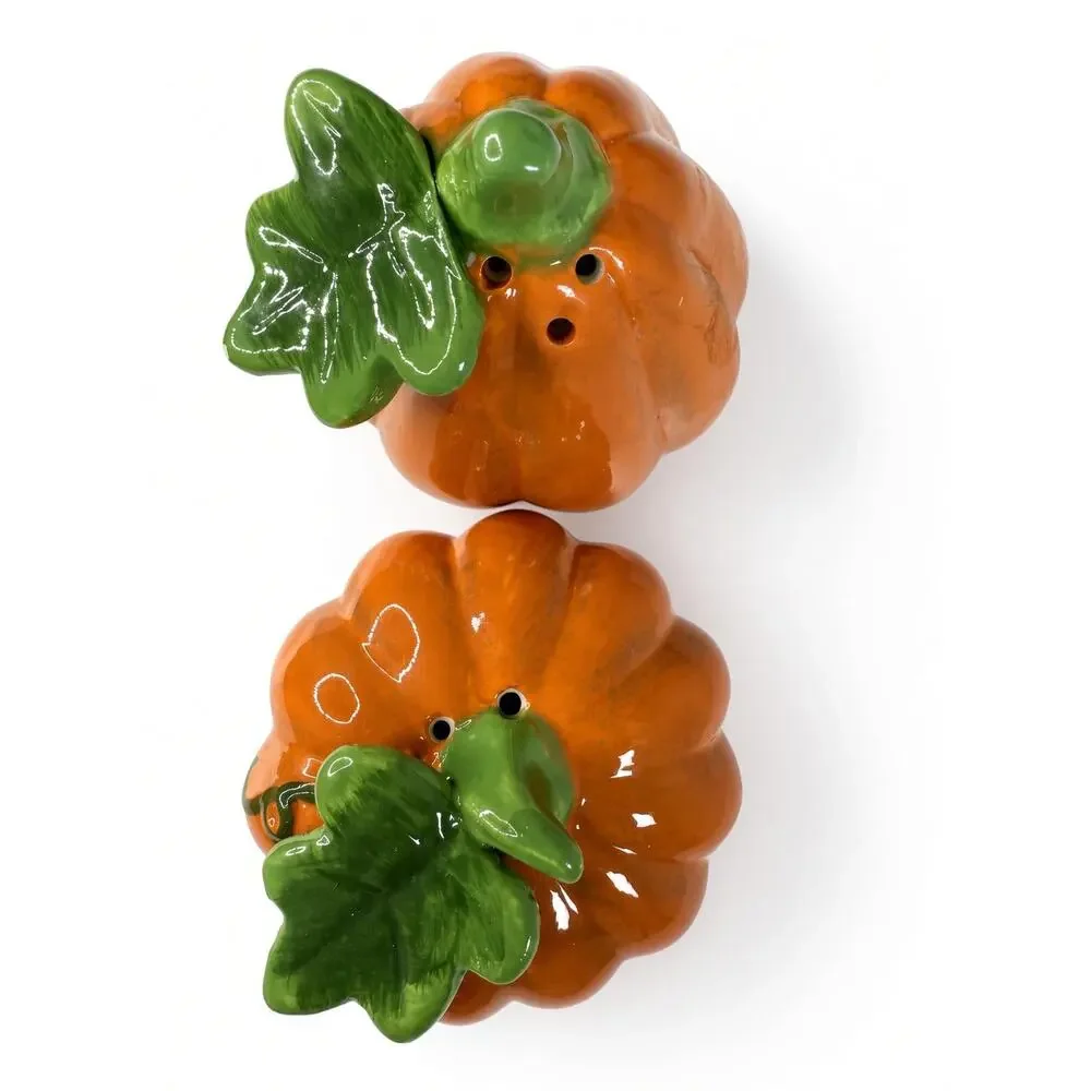 Vintage Pier 1 Ceramic Pumpkin Salt and Pepper Shaker Set, Orange Glaze, Fall